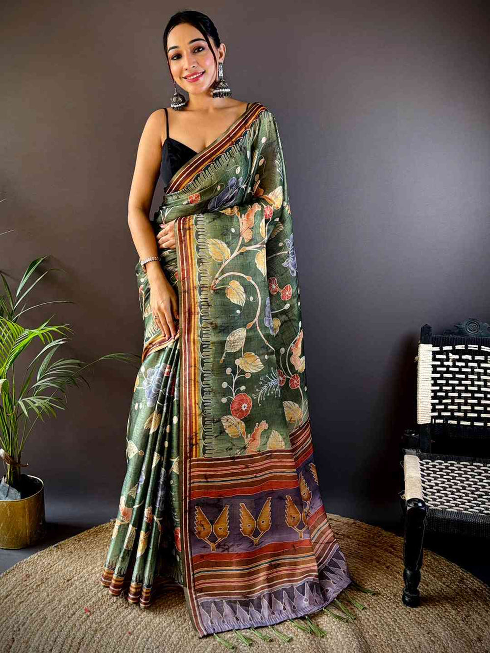 Dark Green Tissue Chanderi Kalamkari Saree