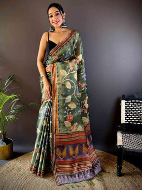 Dark Green Tissue Chanderi Kalamkari Saree