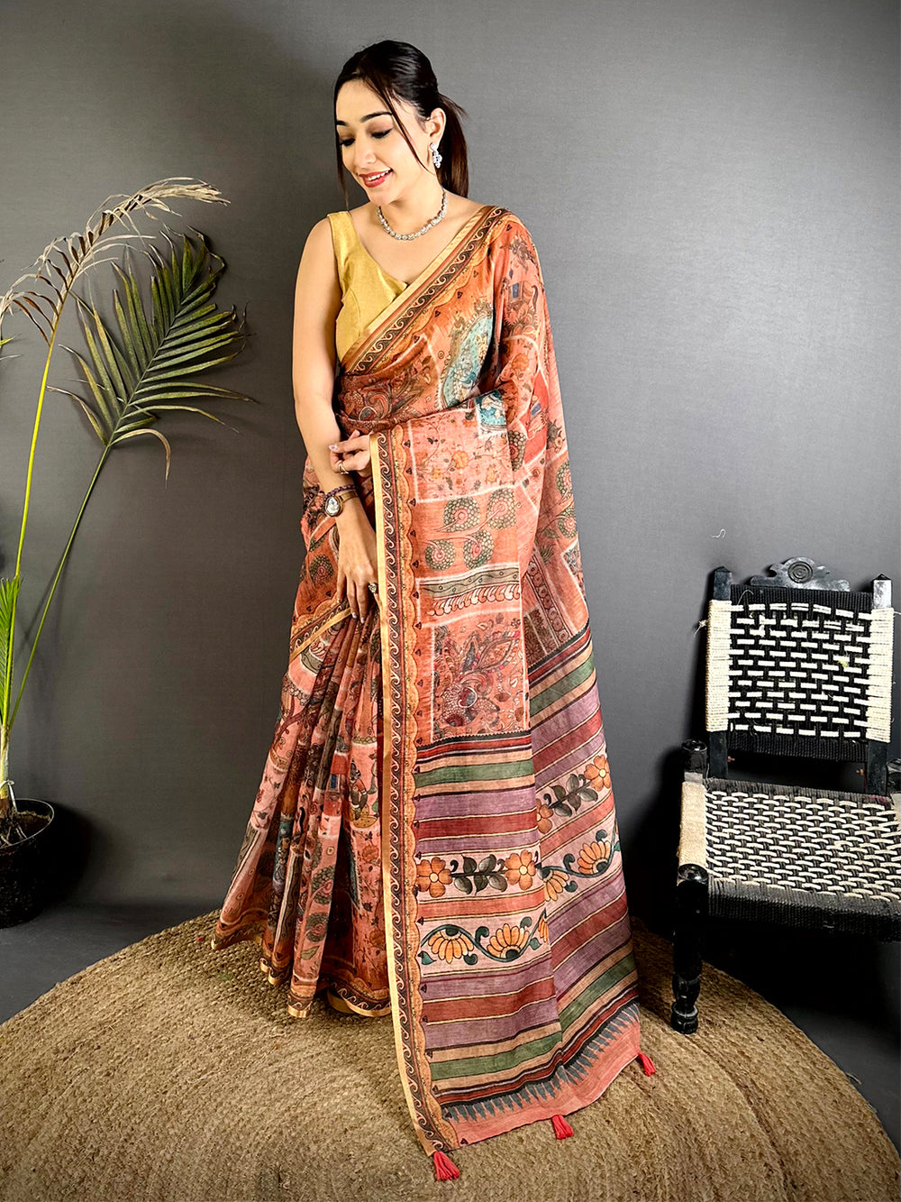Classic Minakari Kalamkari Linen Saree
