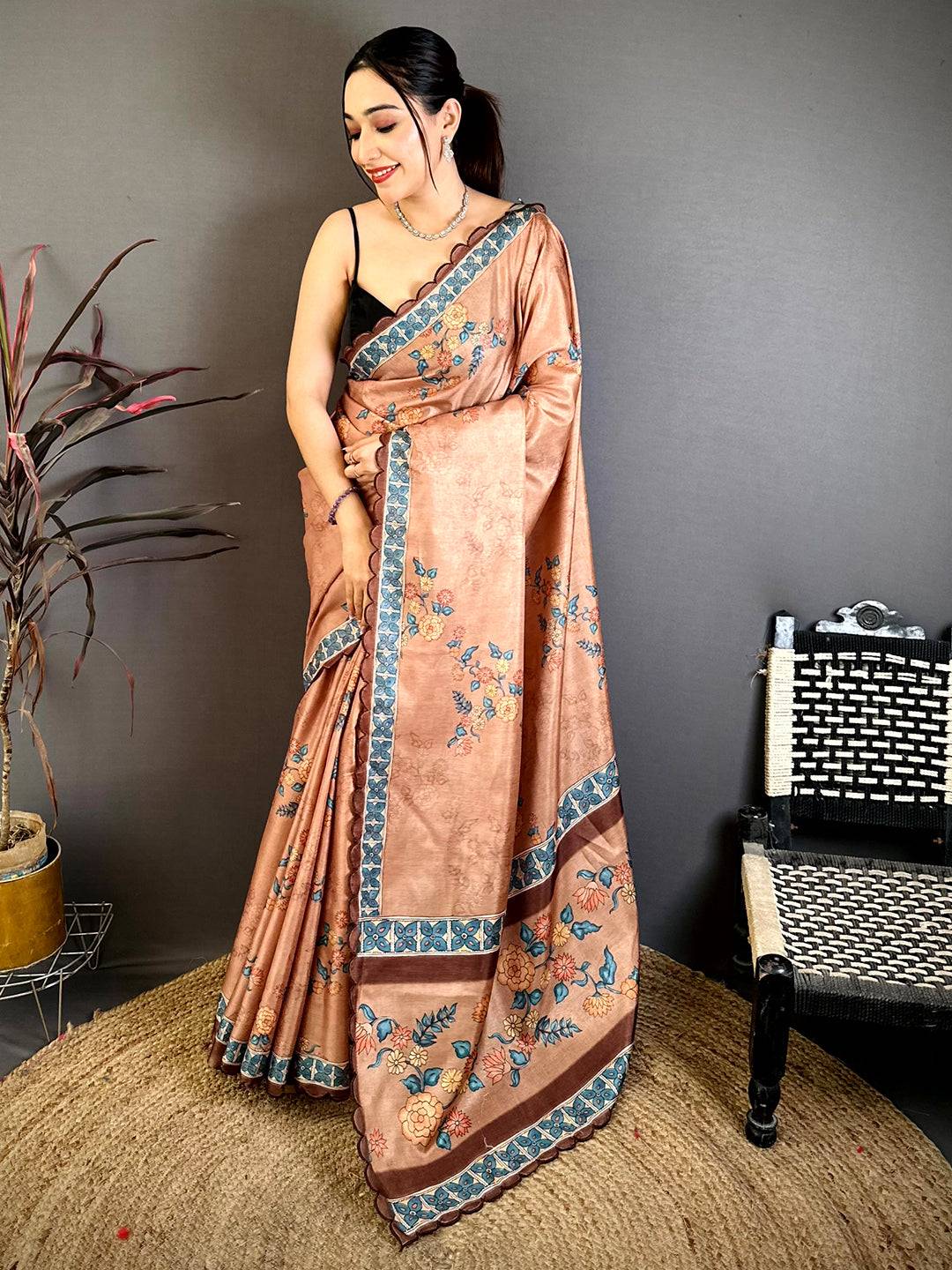 Elegant Kalamkari Cutwork Tussar Saree