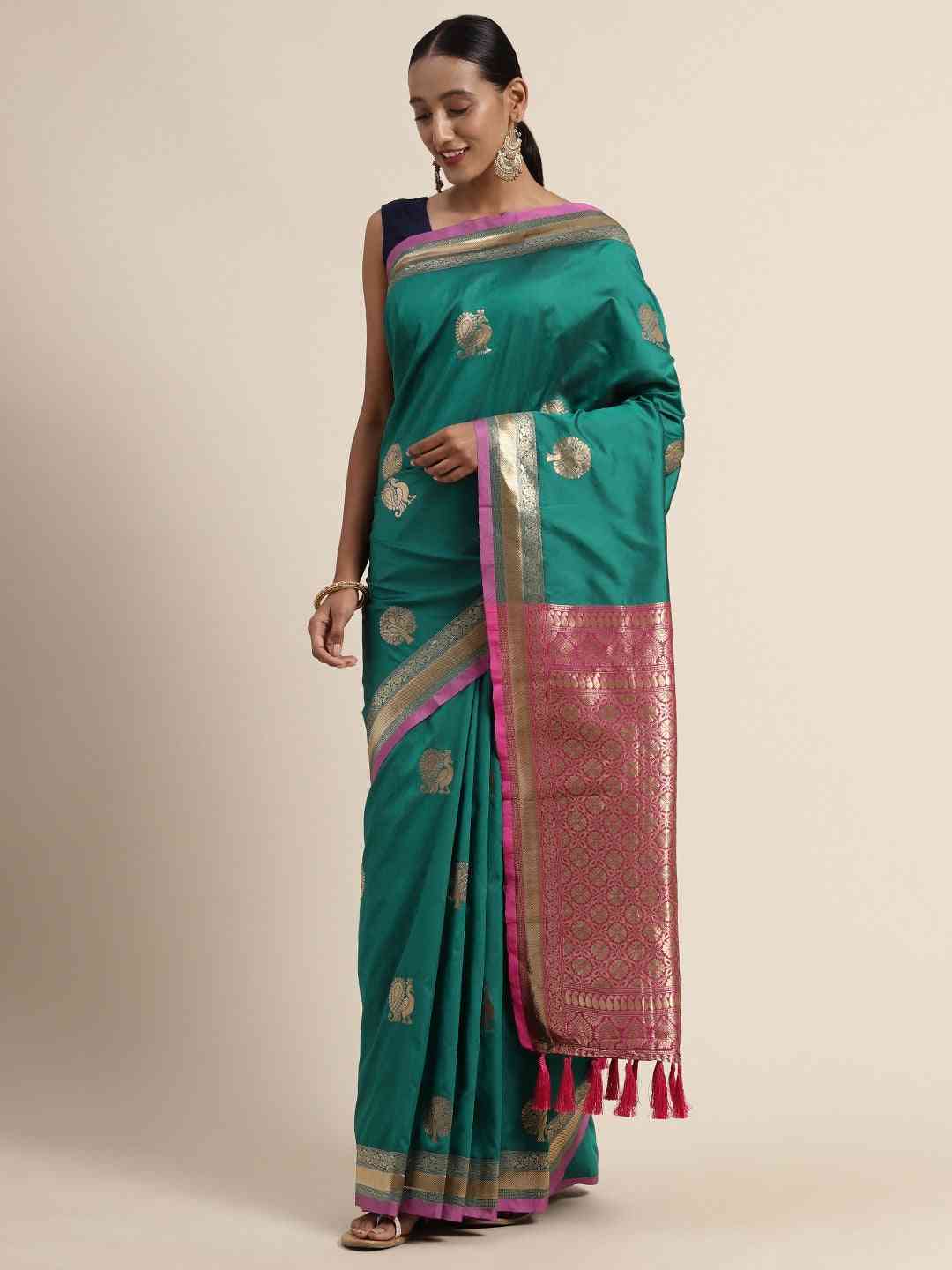 Rama Colour Banarasi Silk Blend Saree