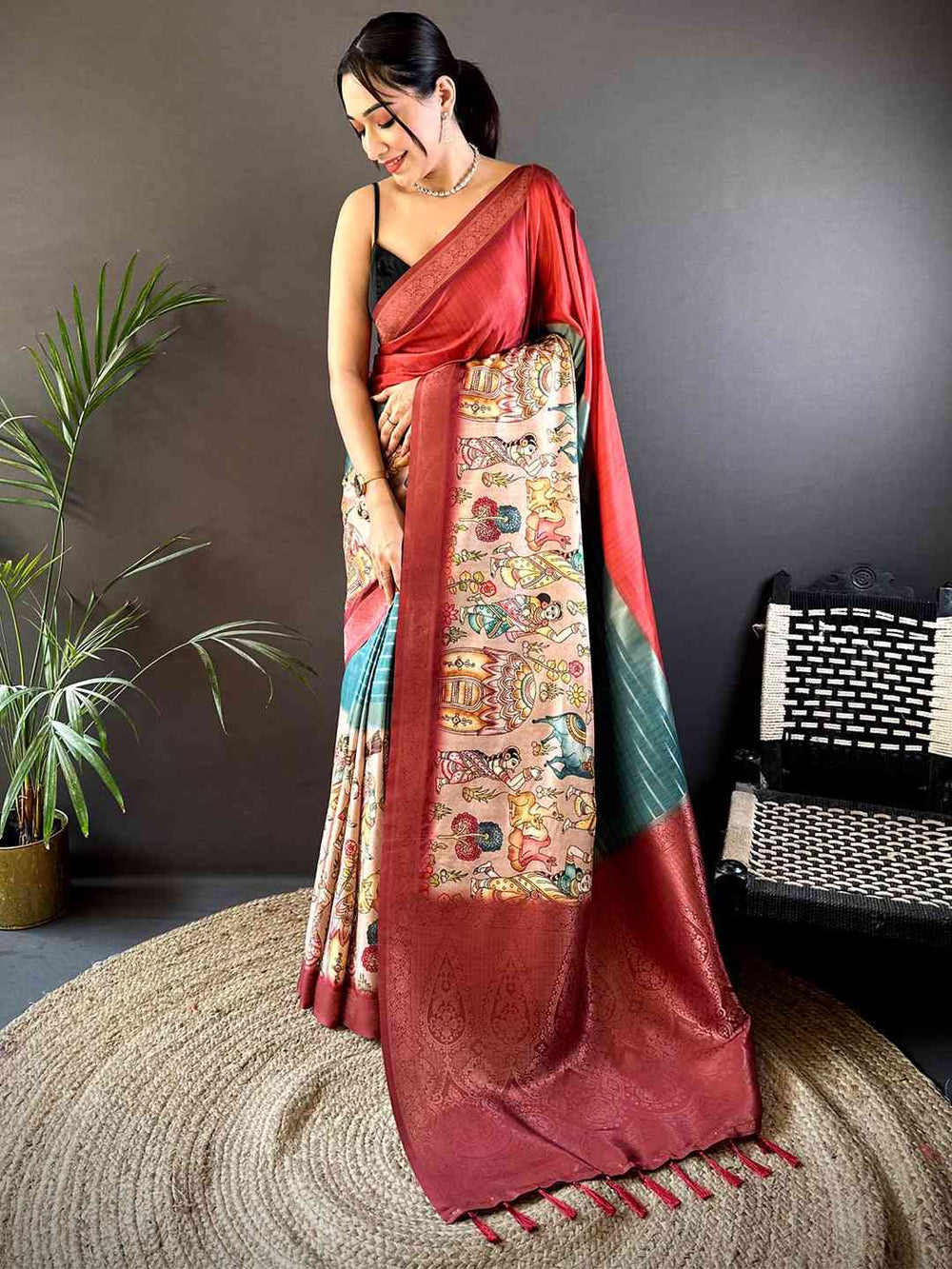 Red Soft Silk Placement Digital Print Saree