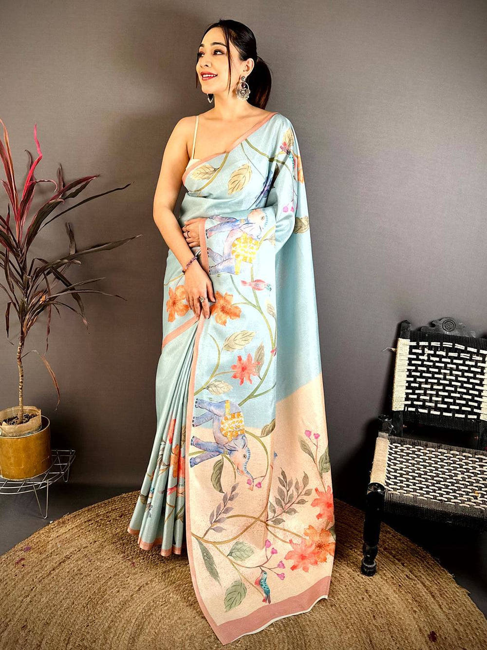 Sky Blue Tussar Floral Water Block Saree