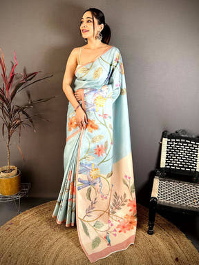 Sky Blue Tussar Floral Water Block Saree