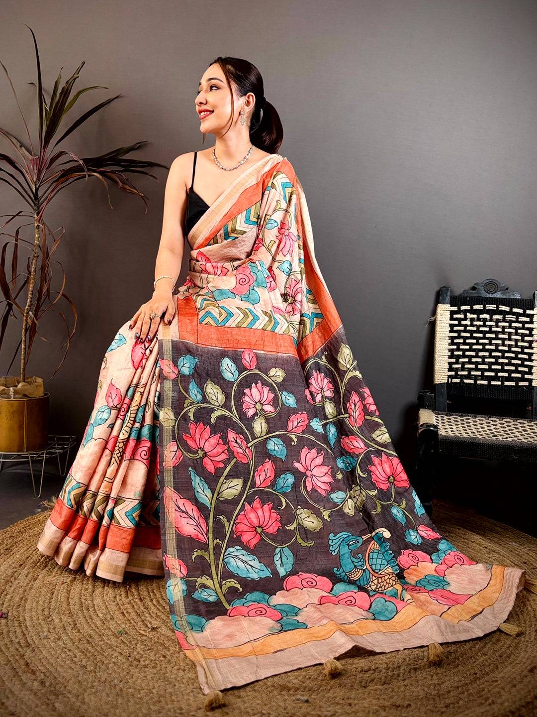 Elegant Pen Kalamkari Ghicha Tussar Saree