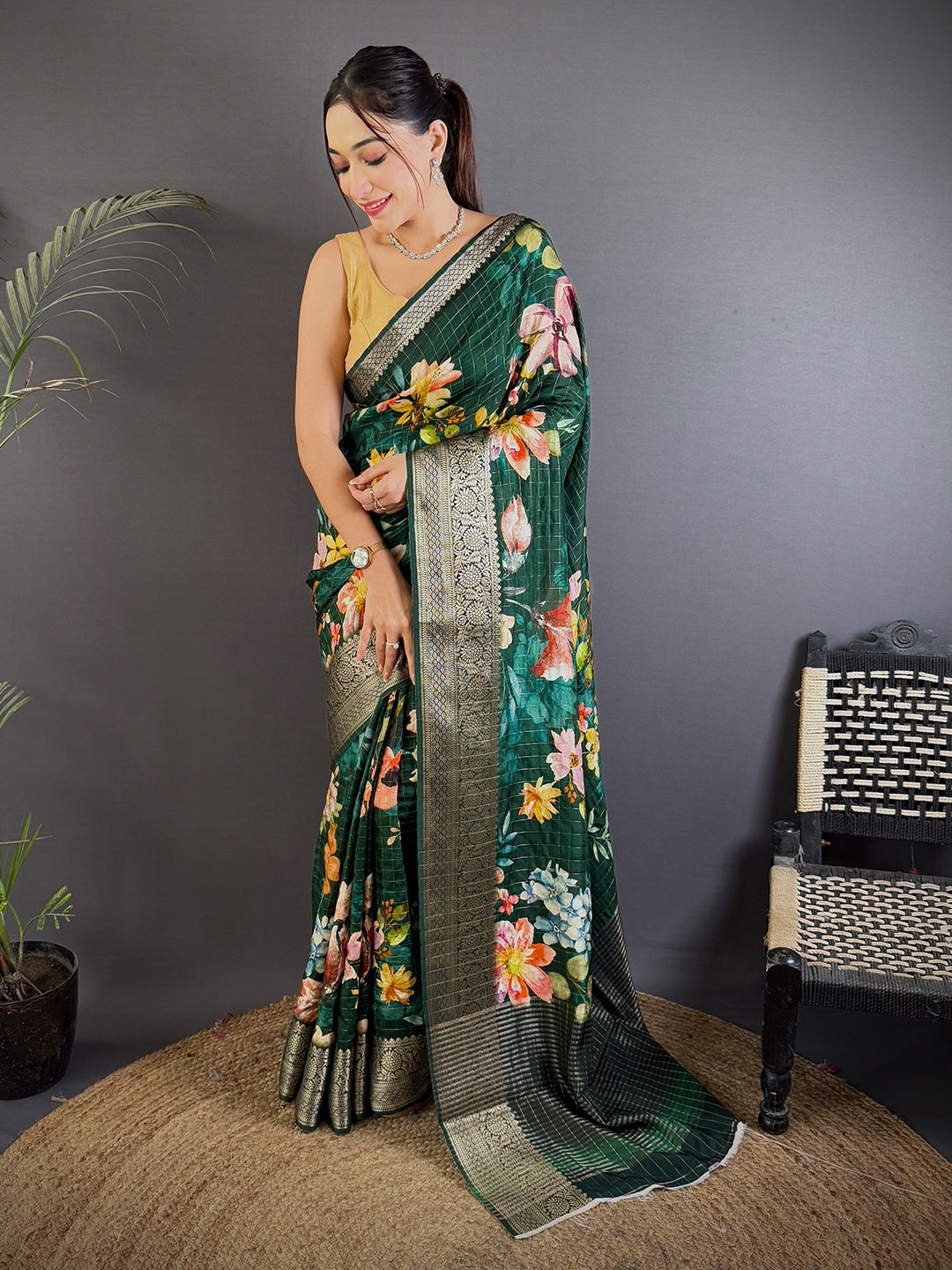 Deep Bottle Green Floral Digital Print Saree
