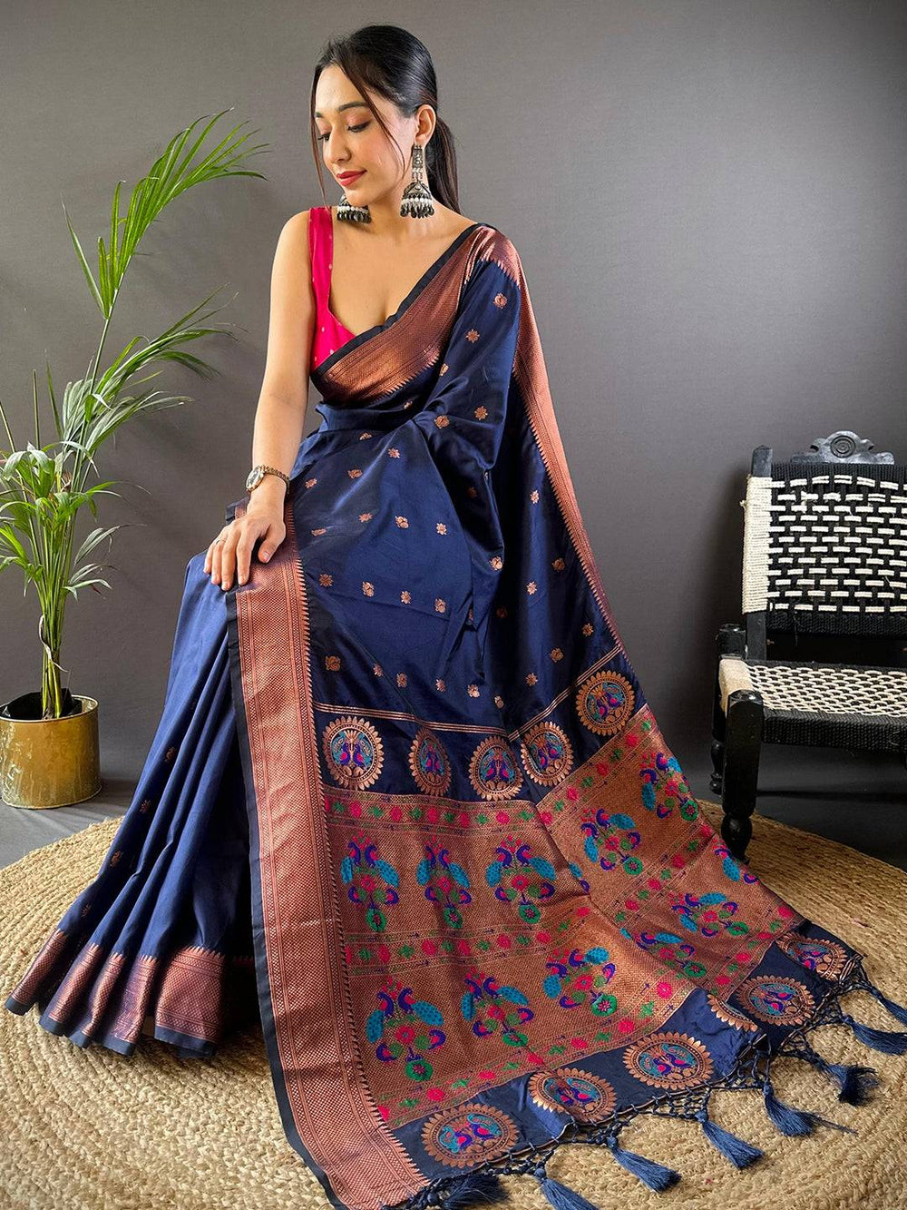 Navy Blue Copper Elegance Soft Silk Saree