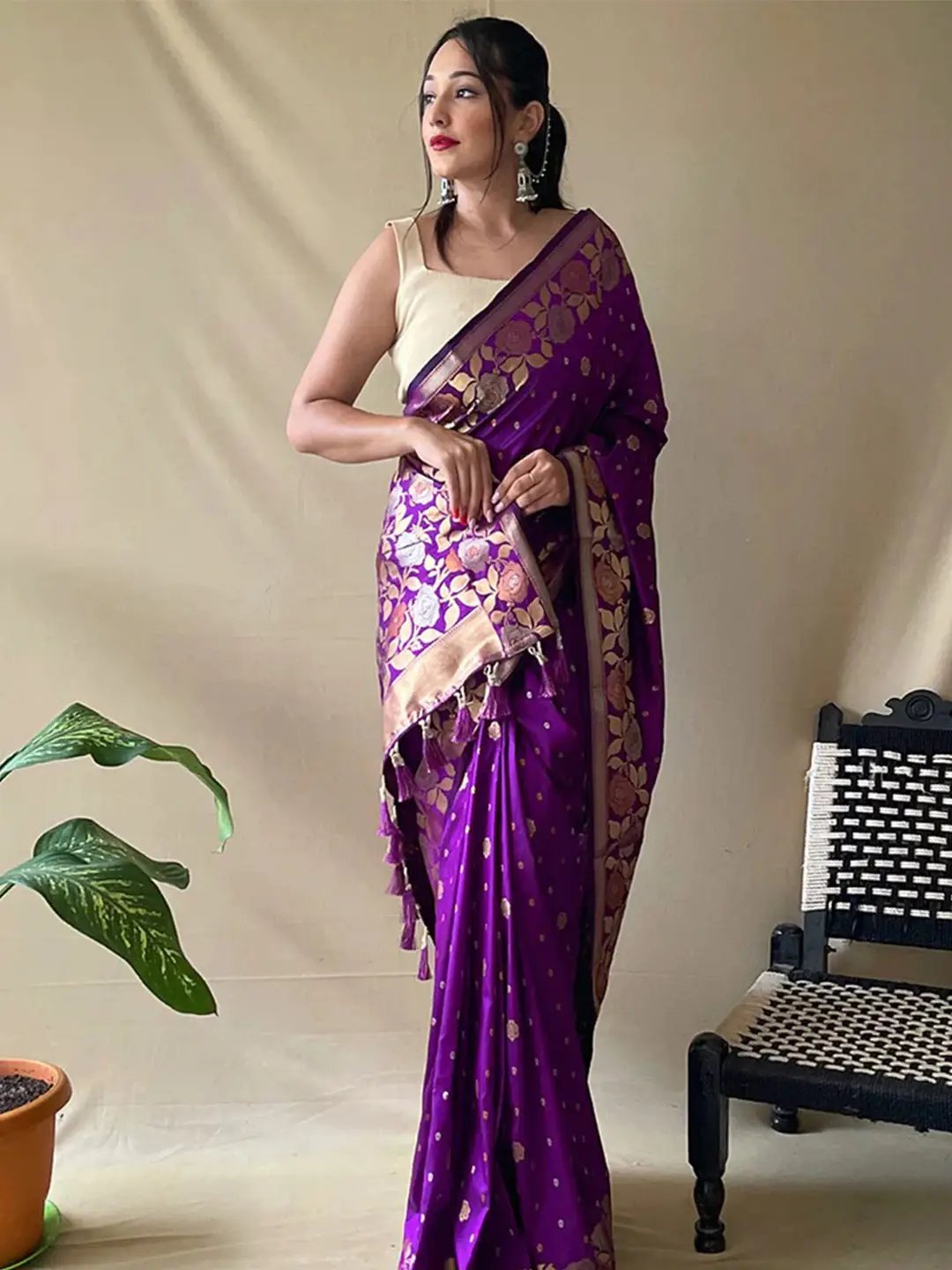 Purple Banarasi silk saree with floral zari design