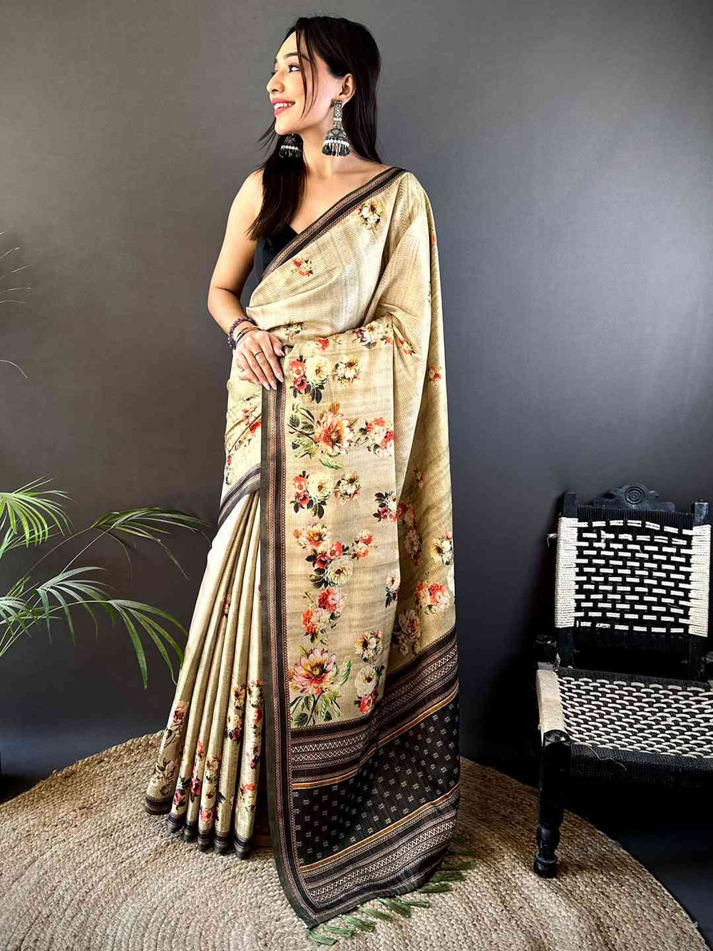 Floral Beauty in Beige Tussar Zari Saree