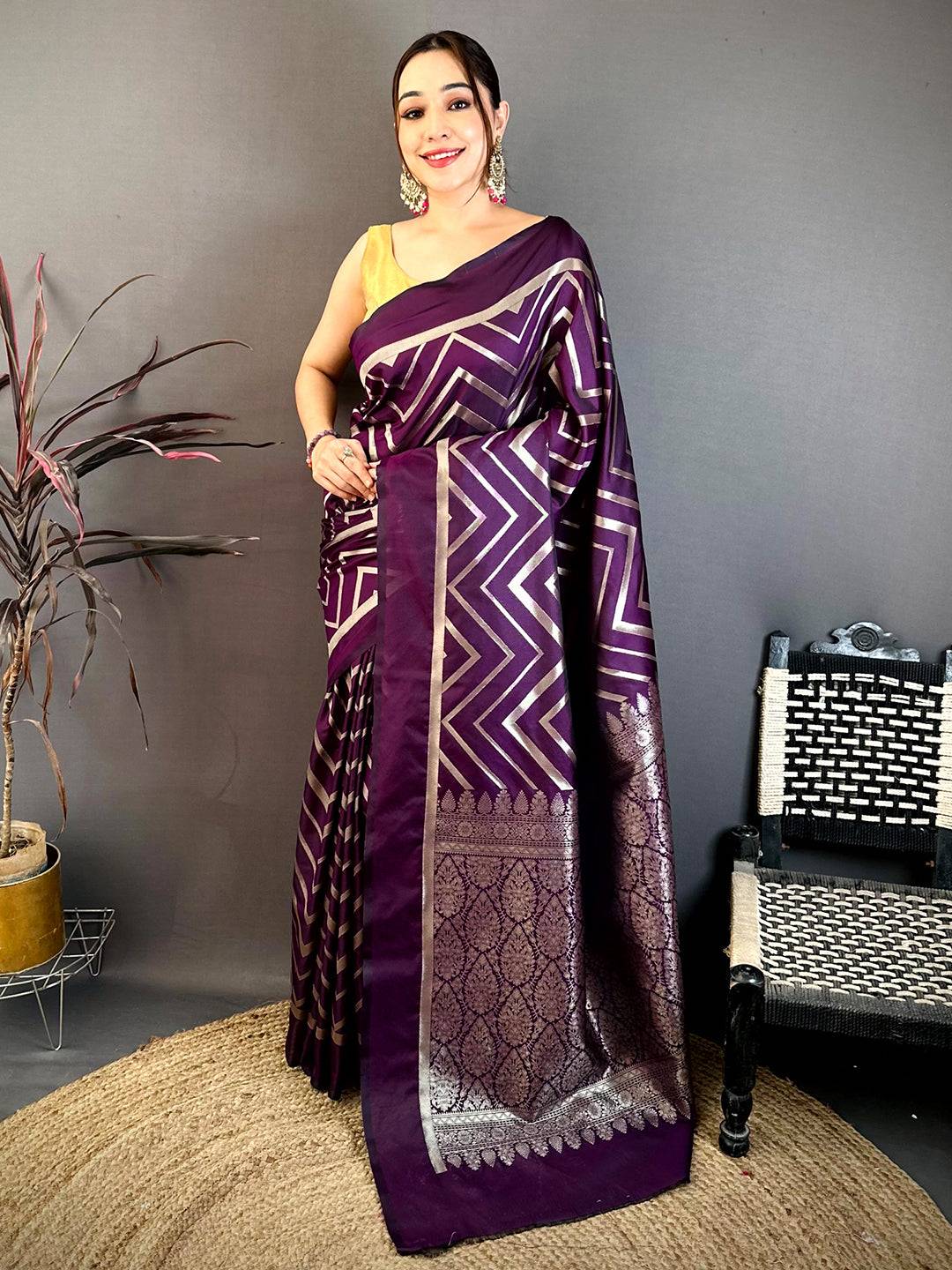 Dark Purple Geometric Zari Weave Banarasi Saree