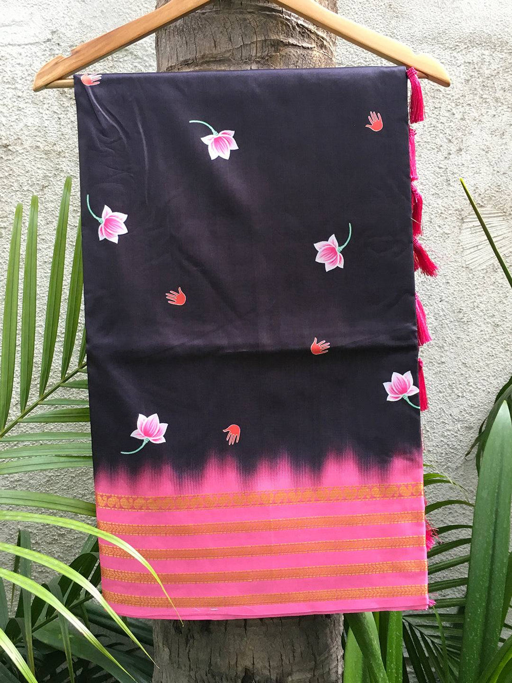 Lotus Print Black Silk Saree with Pink Zari Border