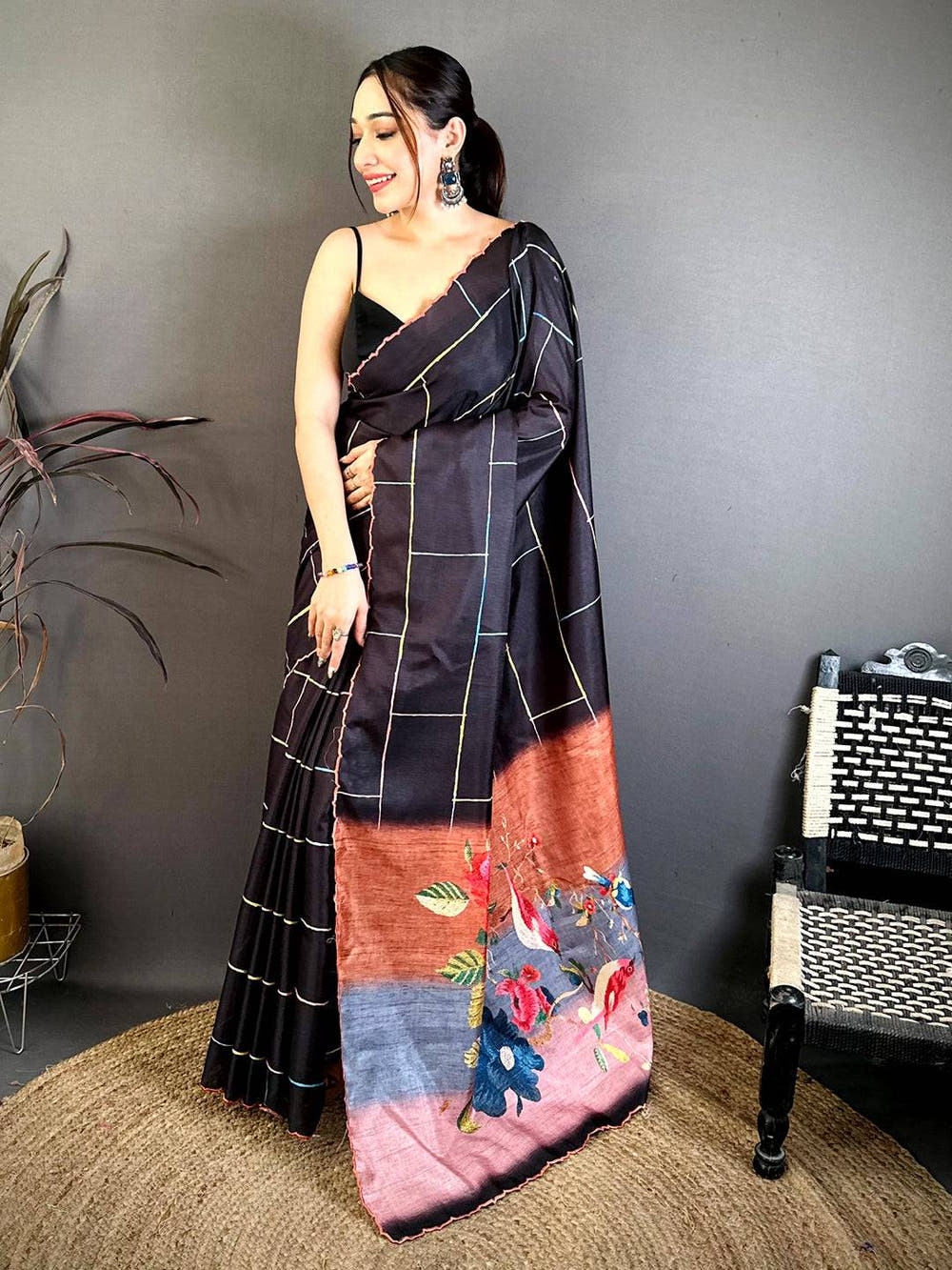 Royal Floral Embroidery Tussar Saree