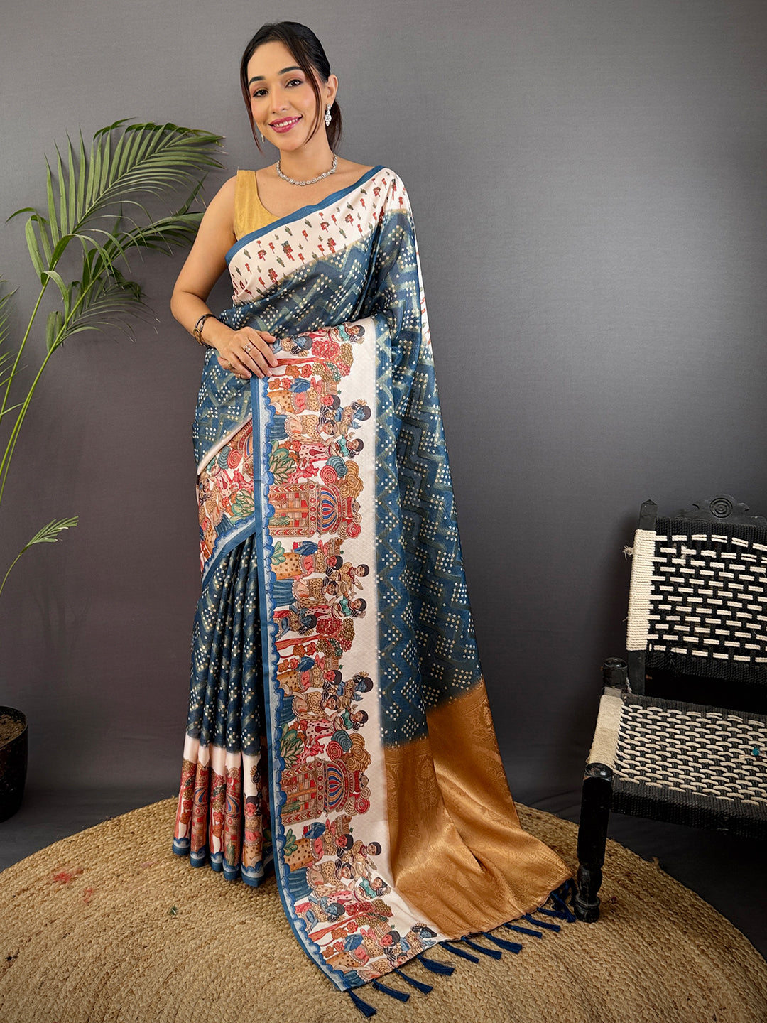Teal Madhubani Print Soft Silk Sare