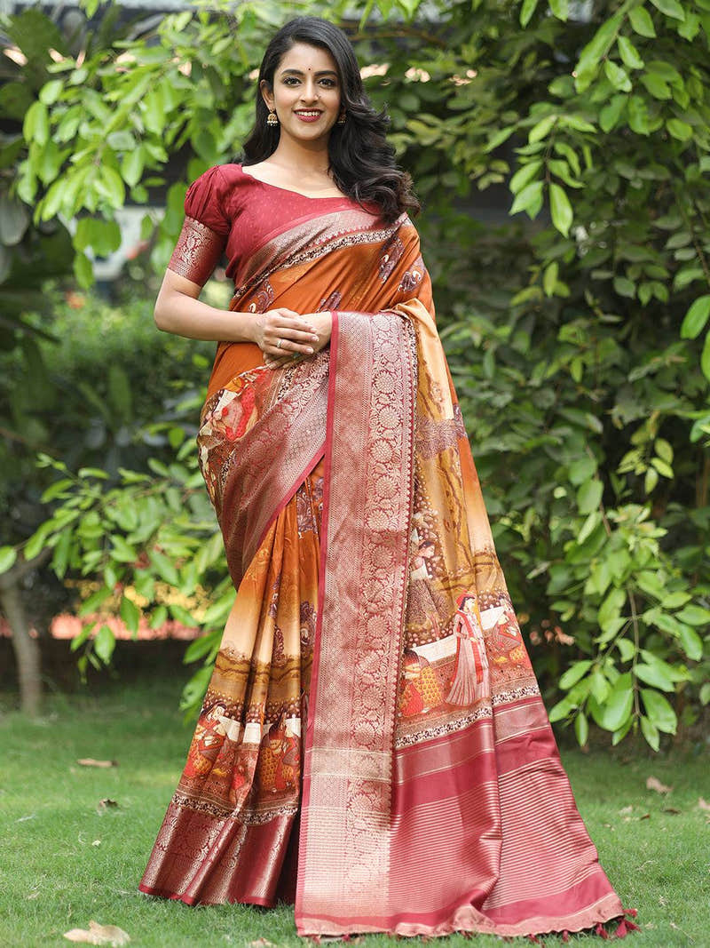 Orange Hand Kalamkari Printed Viscose Dola Silk Saree - Luxe