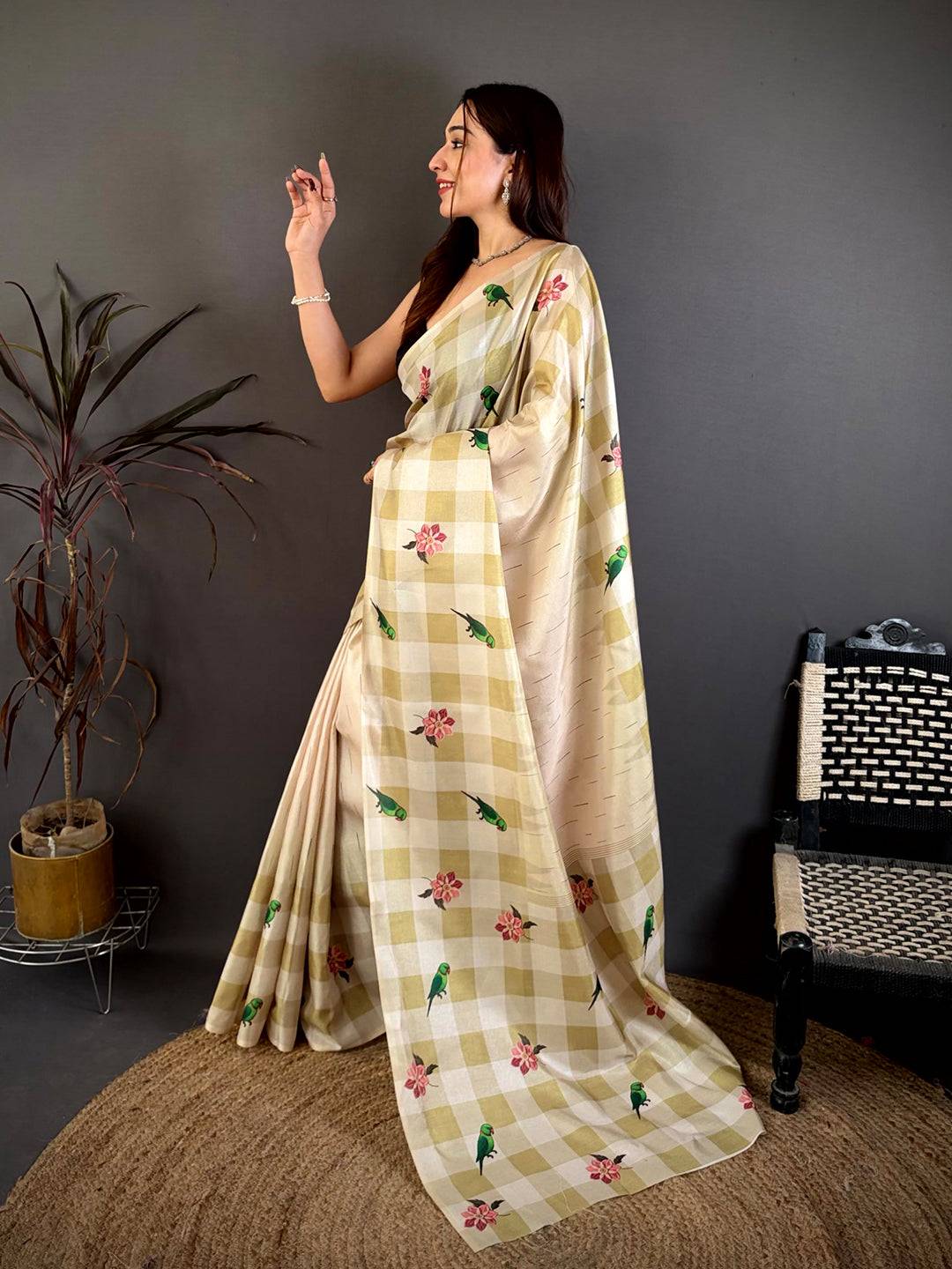 Radiant Parrot Print Soft Tussar Saree