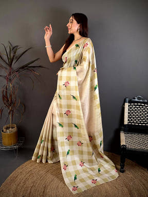 Radiant Parrot Print Soft Tussar Saree
