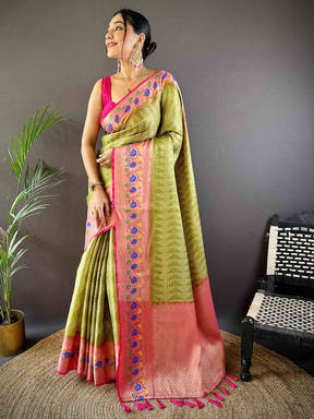 Kora Silk Banarasi Digital Print Saree In Green Colour