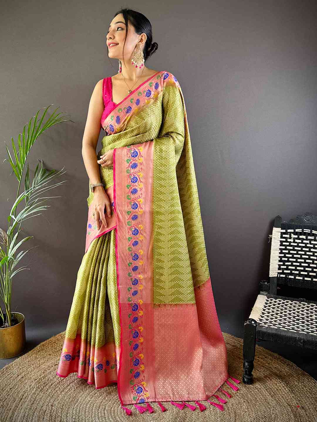 Kora Silk Banarasi Digital Print Saree In Green Colour