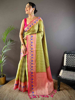 Kora Silk Banarasi Digital Print Saree In Green Colour