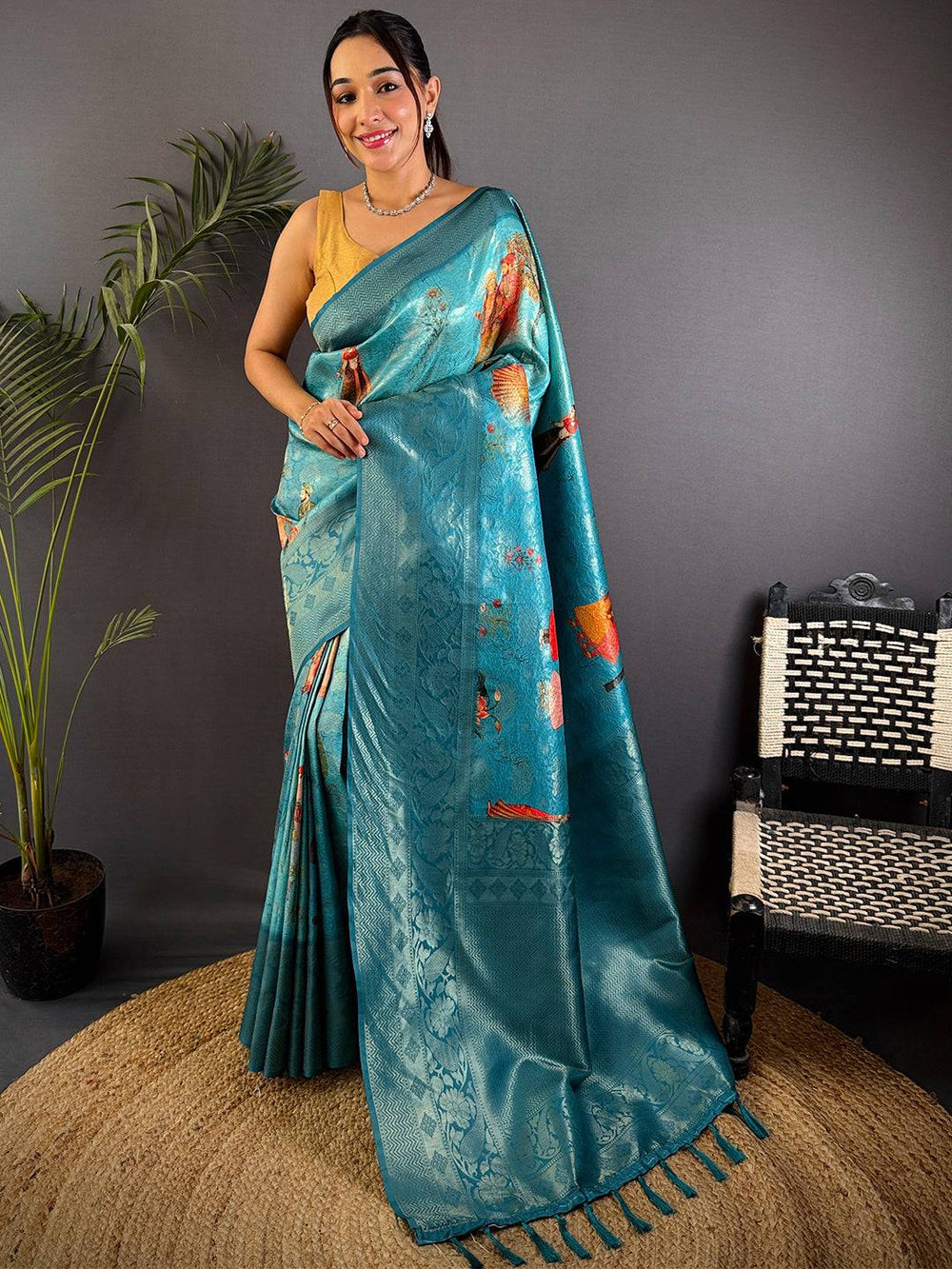 Dark Blue Kanjivaram Silk Digital Print Saree
