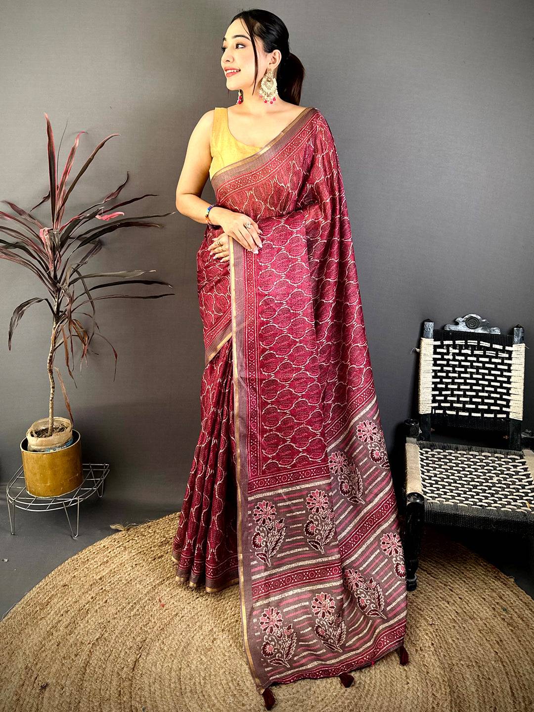 Wine Ajrakh Digital Print Kota Saree