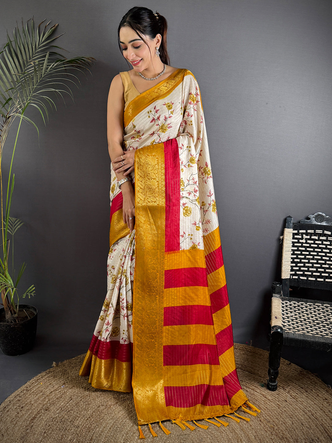 Yellow Soft Dola Silk Zari Katha Saree