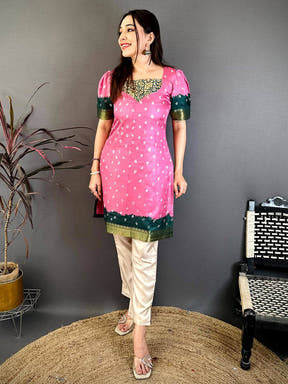 Pink Soft Dola Silk Paan Neck Kurti