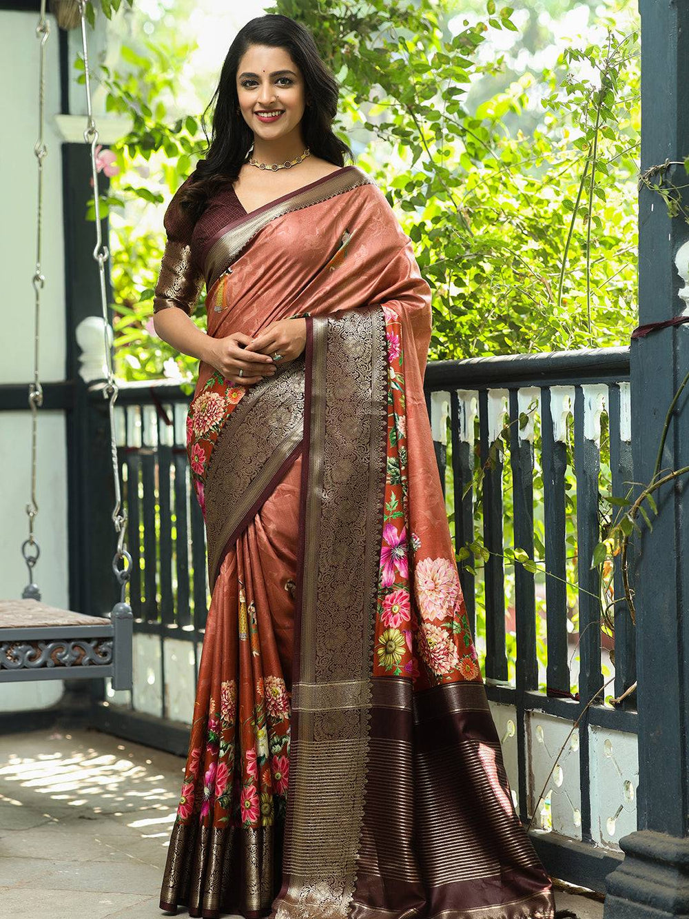 Brown Colour Pure Viscose Dola Silk Saree With Floral Print