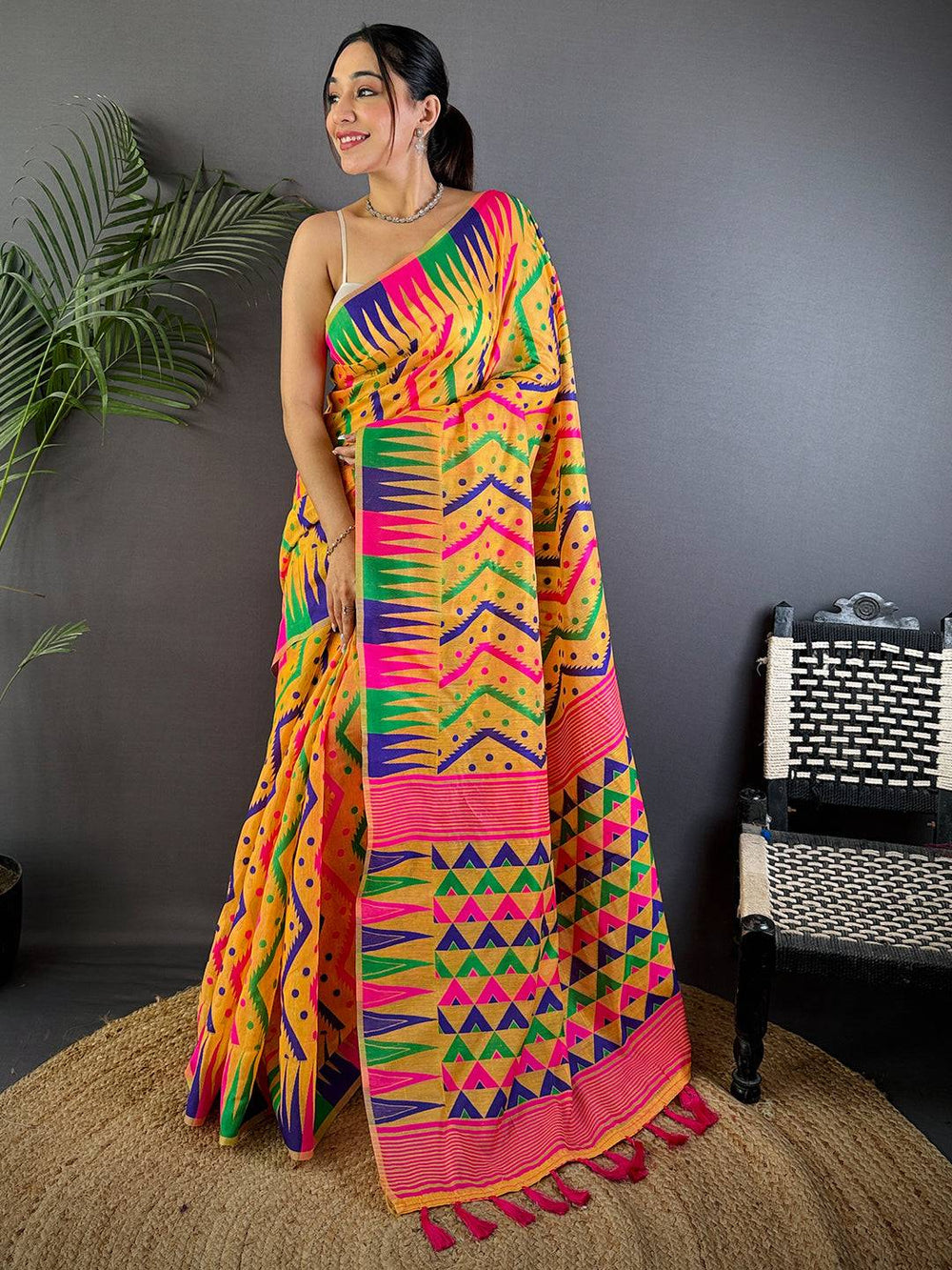 Mustard Yellow Dhakai Cotton Jamdani Saree