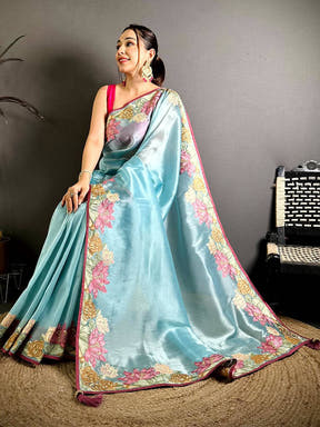 Sky Blue Silky Tissue Resham Border Saree