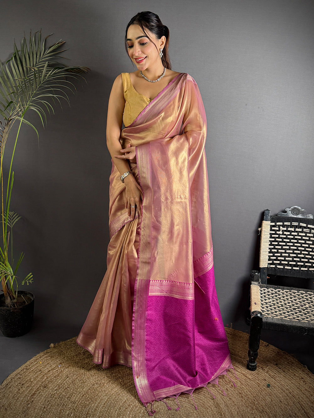 Radiant Wine Gold Zari Tissue Saree