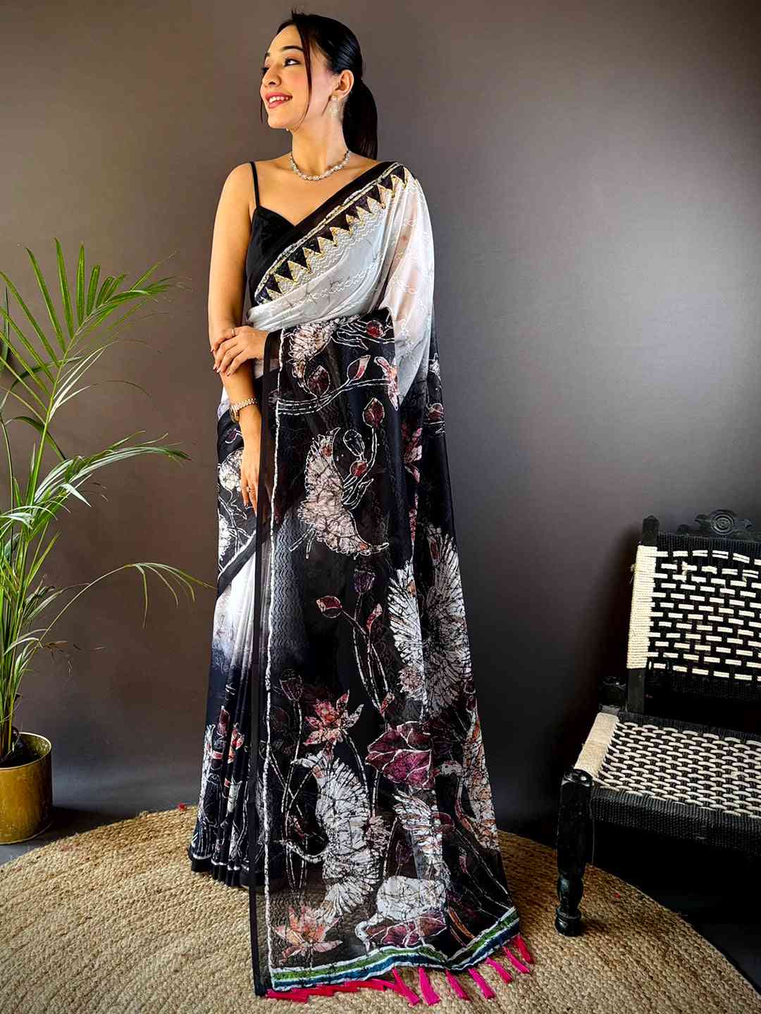 White Georgette Batik Printed Saree