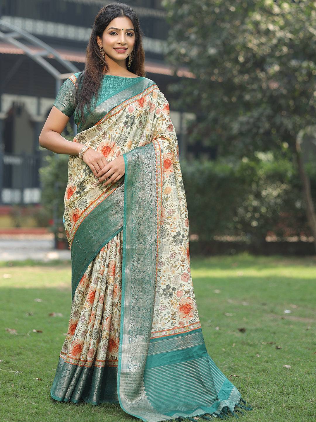 Sea Green Colour Phulkari Design Zari Weaving Pallu Saree