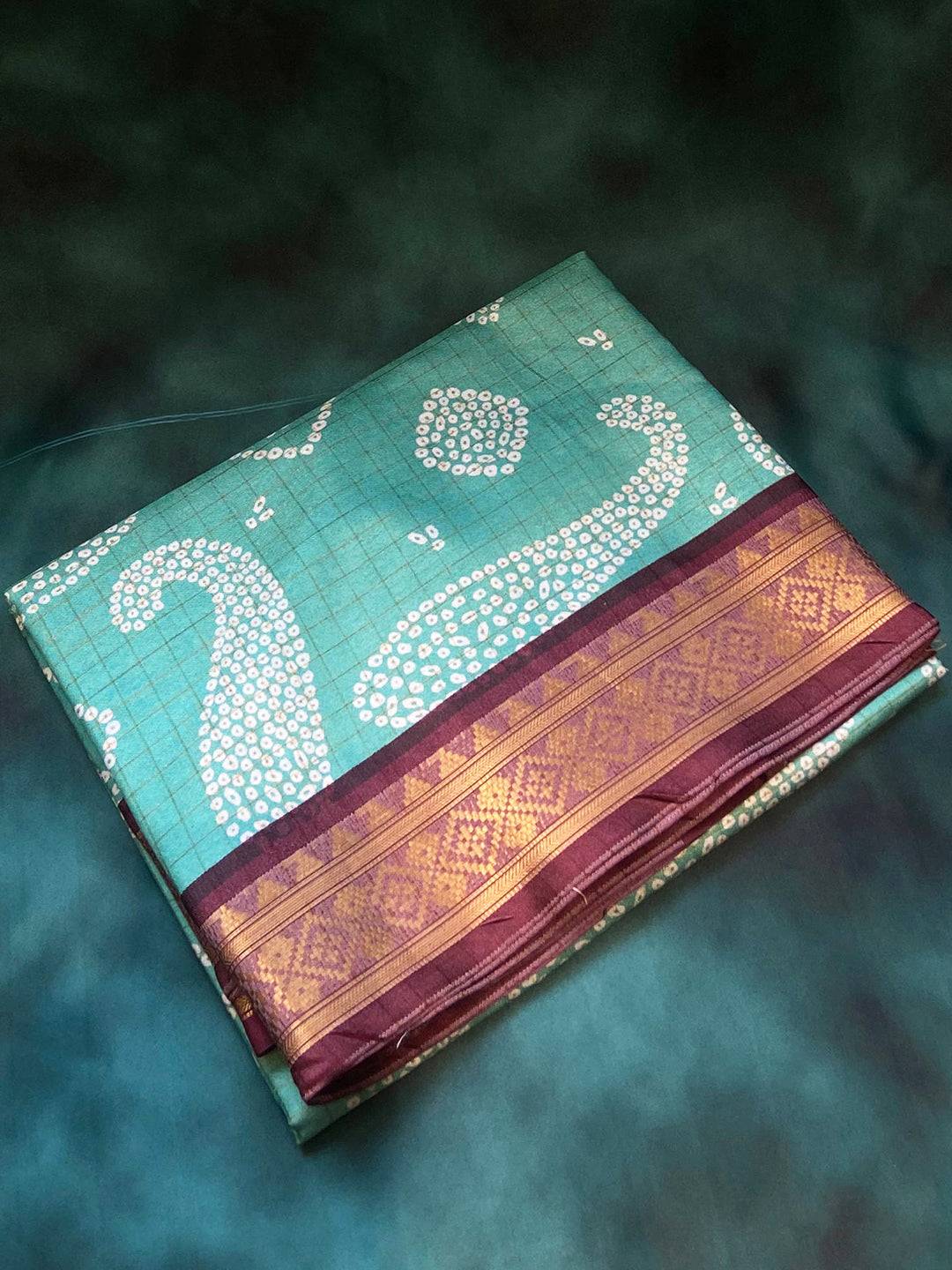 Soft Silk Turquoise Bandhej Digital Print Saree with Kanjivaaram Border