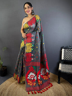 Grey Dhakai Jamdani Cotton Silk Saree