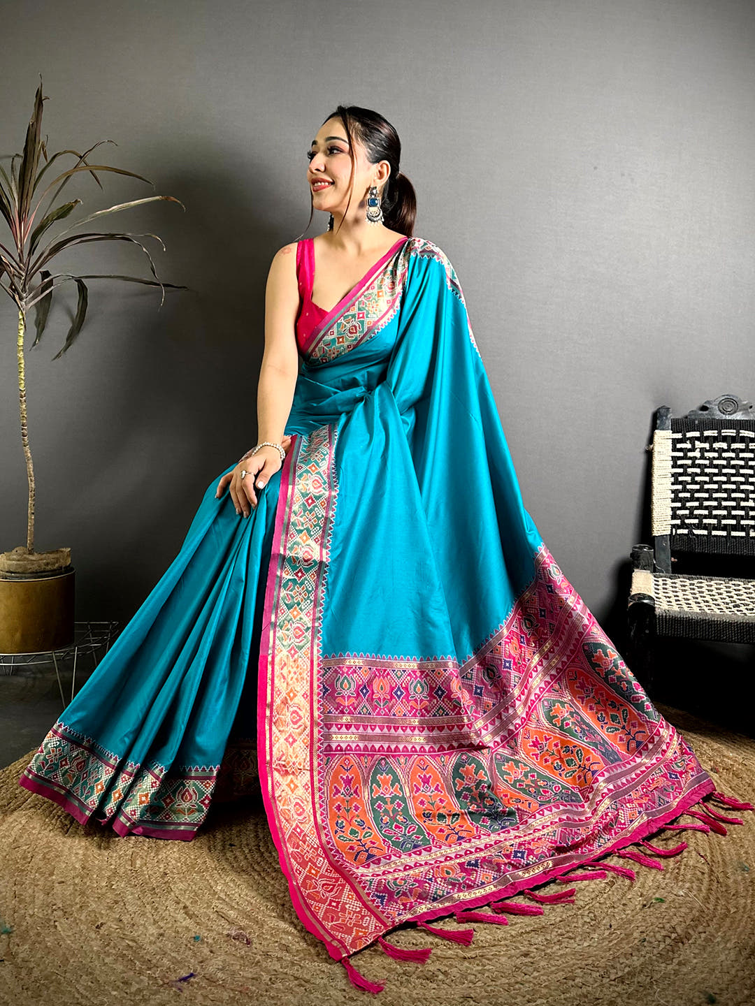 Sky Blue Soft Silk Pochampally Ikkat Minakari Saree