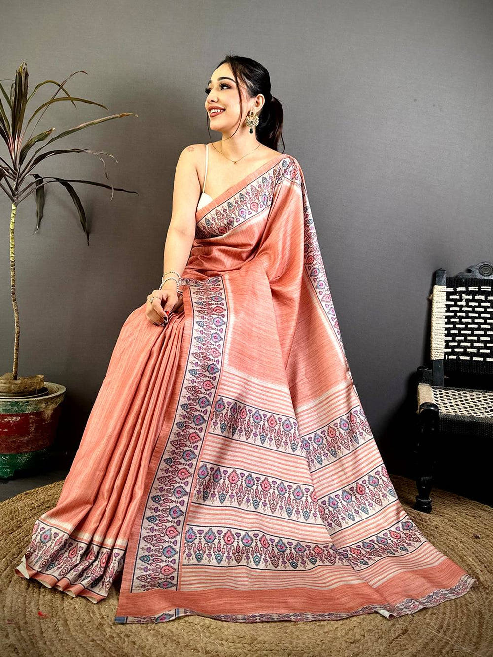 Stylish Ikkat Minakari Tussar Silk Saree