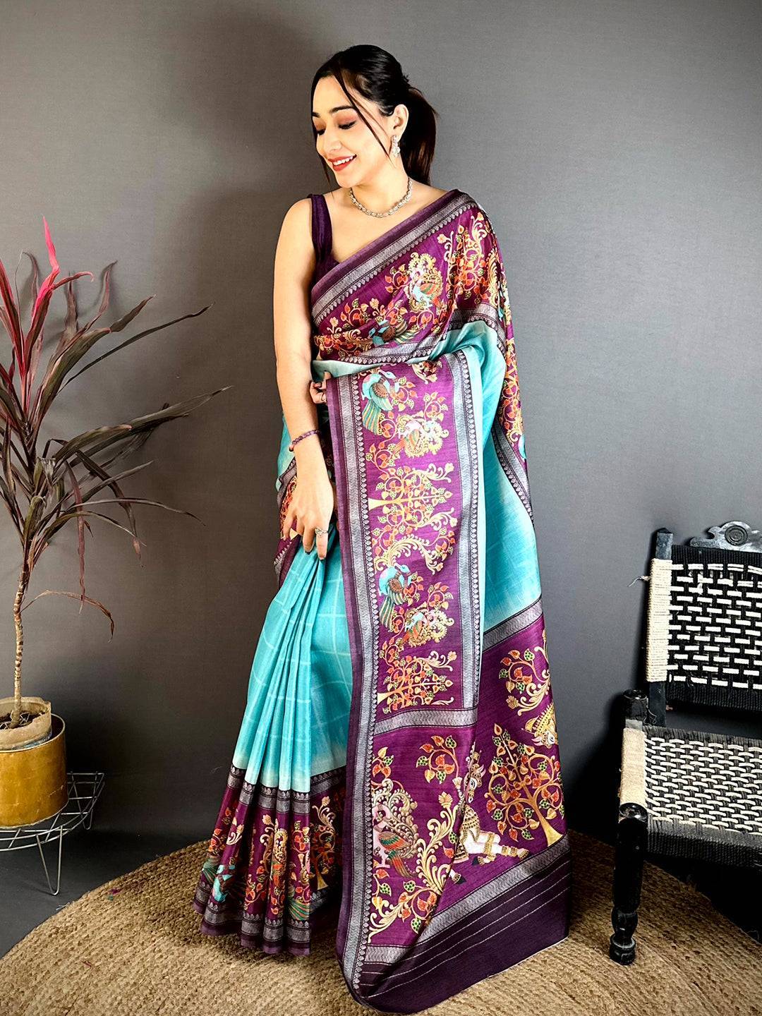 Turquoise Blue Pen Kalamkari Saree
