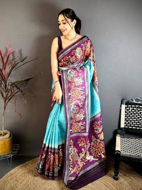 Turquoise Blue Pen Kalamkari Saree