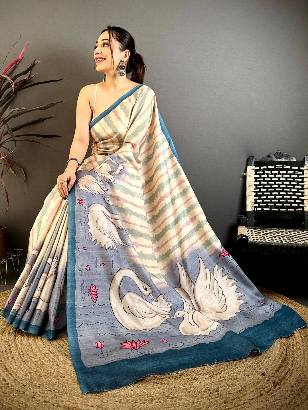 Radiant Soft Tussar Swan Print Saree