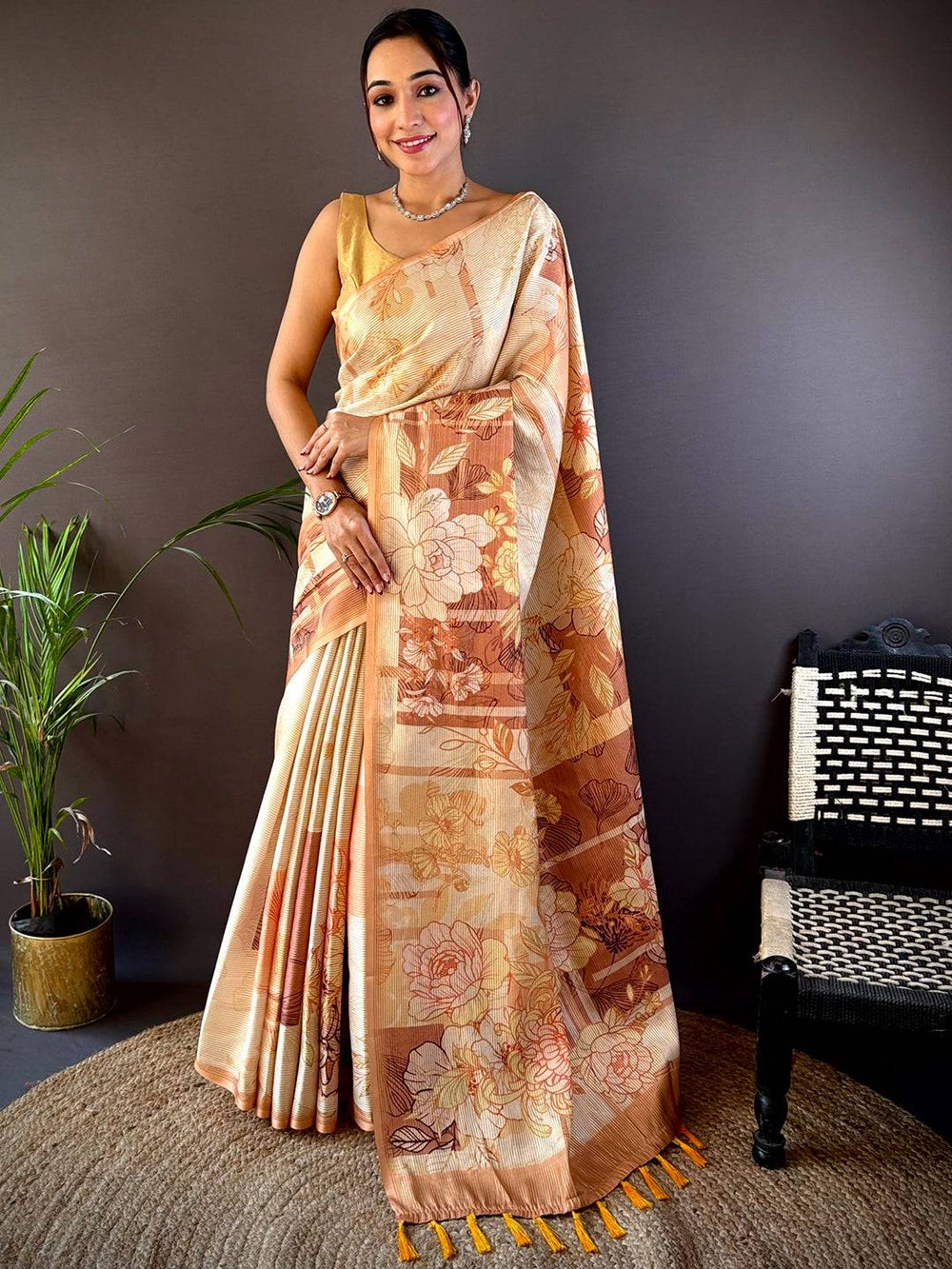 Mustard Tussar Floral Saree