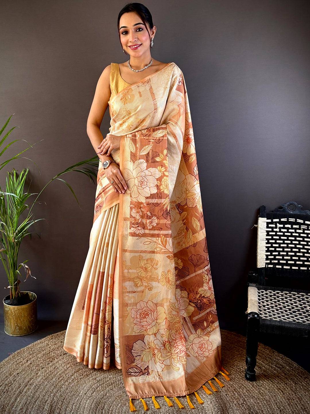 Mustard Tussar Floral Saree