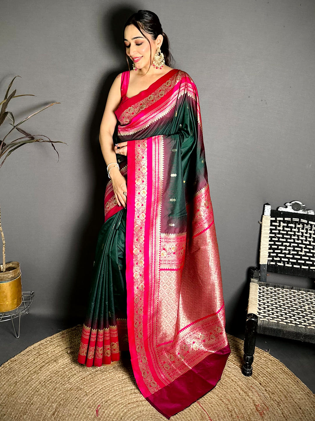 Gold Zari Woven Bottle Green Soft Silk Saree