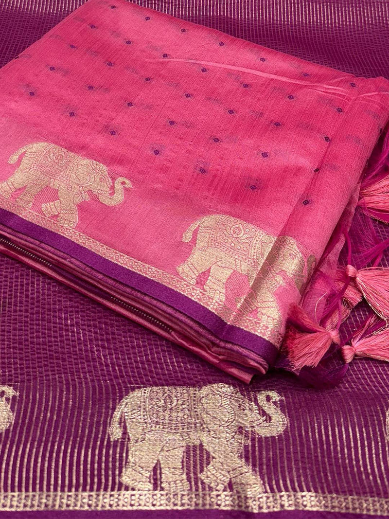 Pink Pure Silk Bandhani Butti Saree