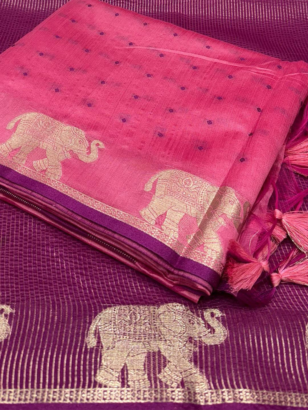 Pink Pure Silk Bandhani Butti Saree