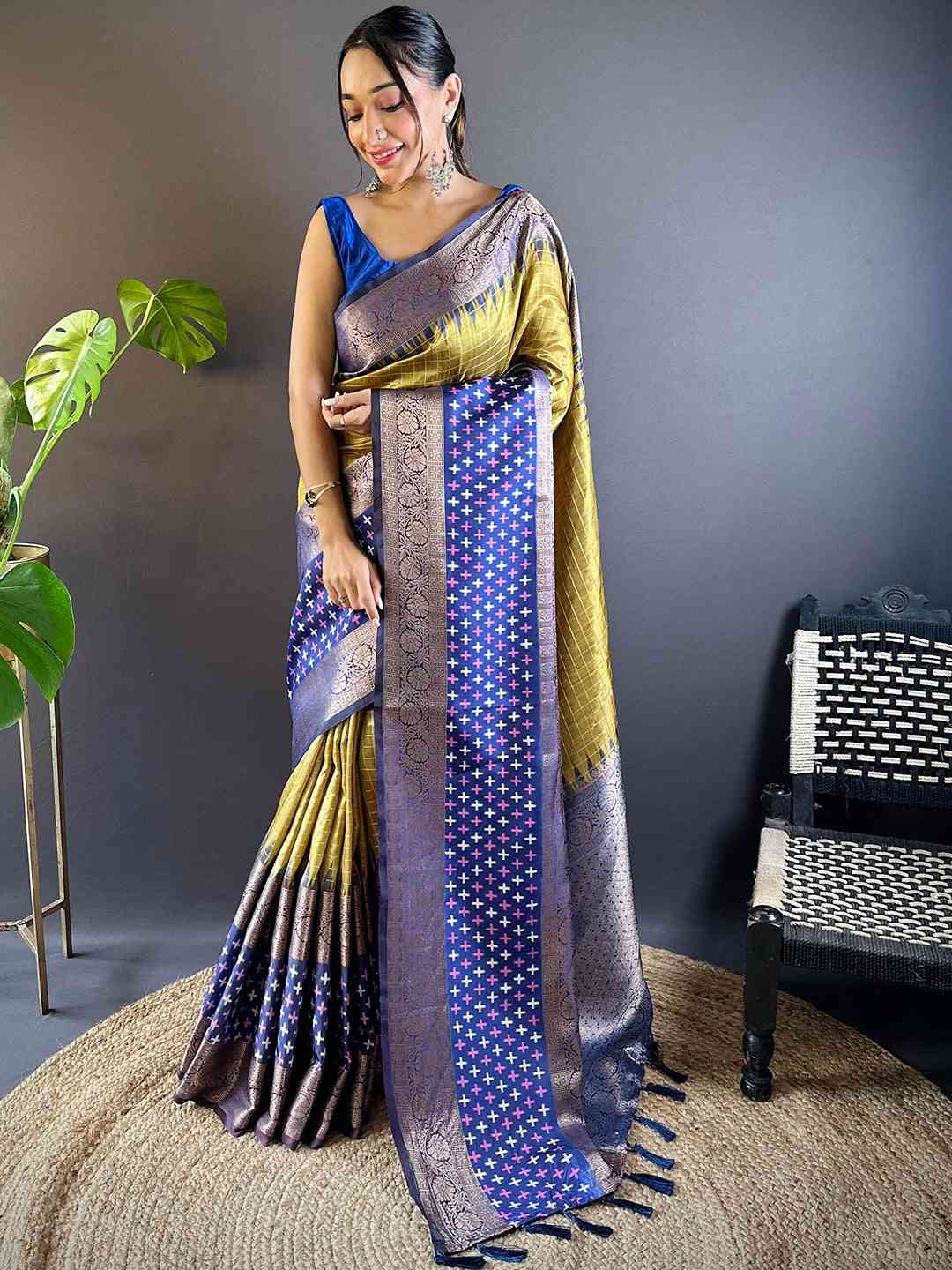 Green Chex Ikkat Saree With Double Border

