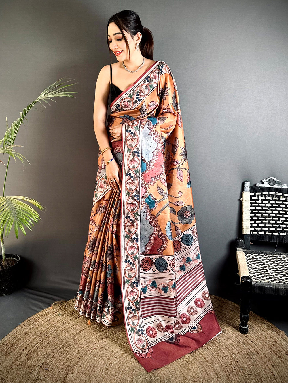 Radiant Dark Floral Soft Tussar Saree