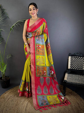 Olive Pure Viscose Kalalmkari Print Saree