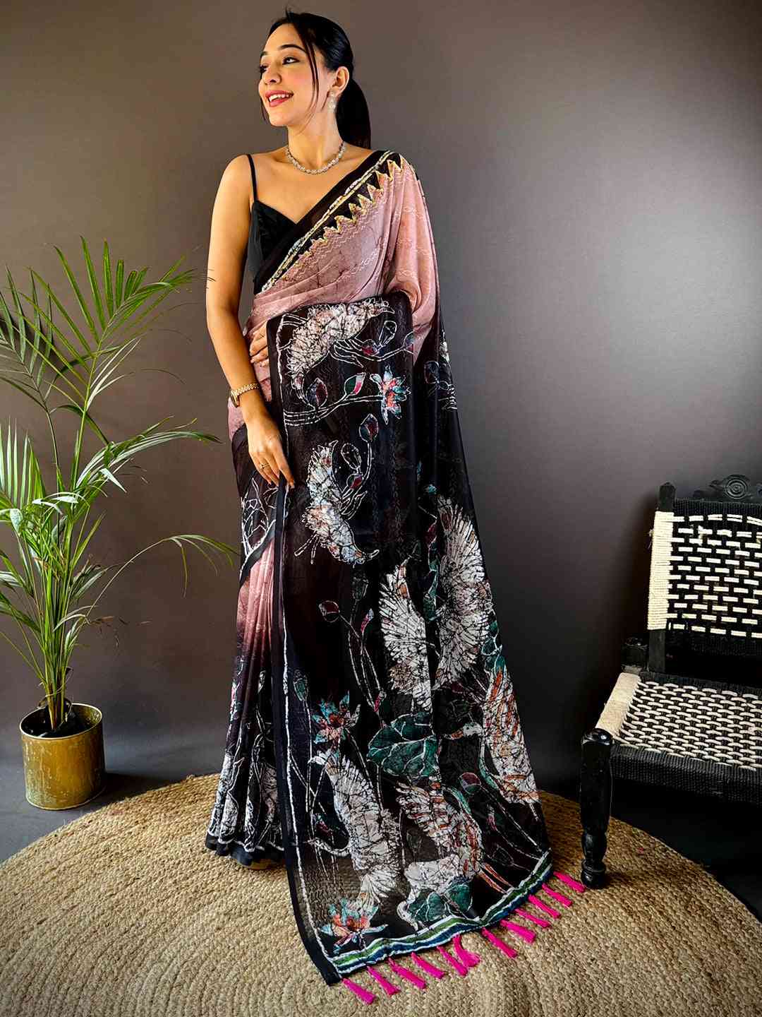 Pink Georgette Batik Printed Saree