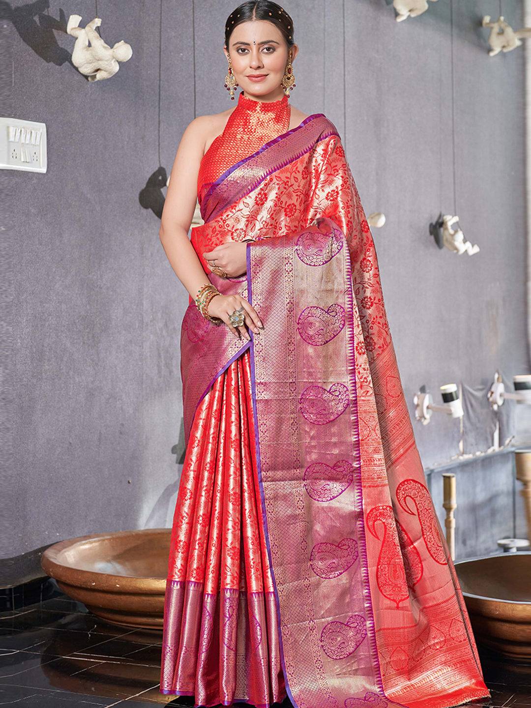 Kanchipuram Silk Jaal Rich Zari Woven Red Colour Saree